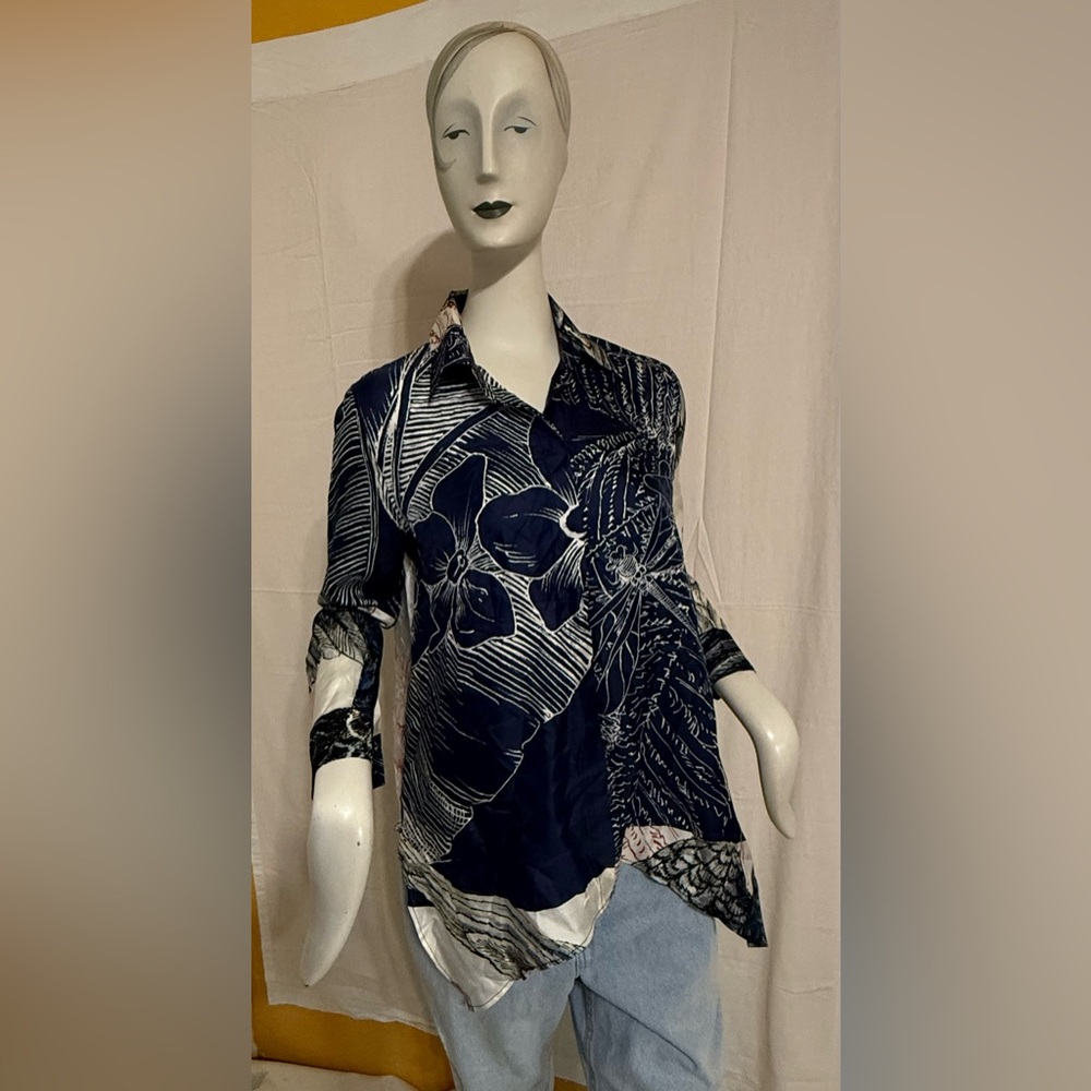 Navy and White Floral Asymmetrical Blouse